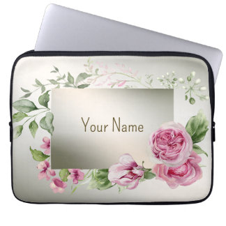 Monogram Naam Waterverf Roze Bloemen Lijst Brons Laptop Sleeve