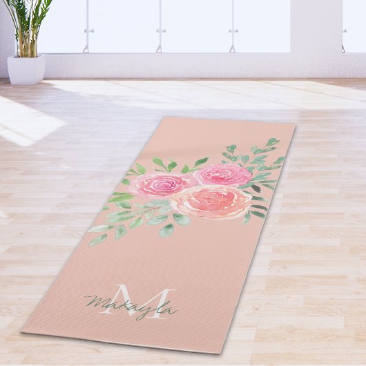 Monogram Naam Waterverf Roze Bloemen Yogamat