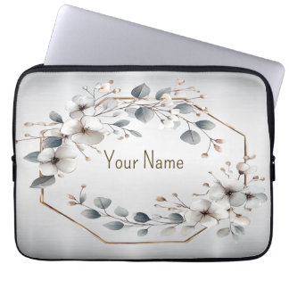 Monogram Naam Waterverf Witte Bloem Gouden Lijst Laptop Sleeve