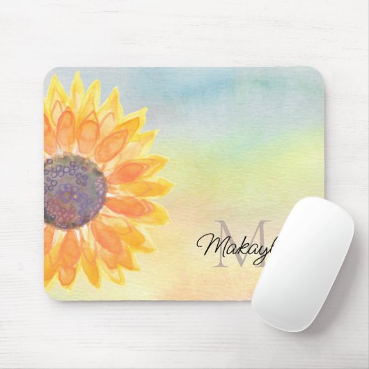 Monogram Naam Waterverf Zonnebloem Muismat (Met muis)