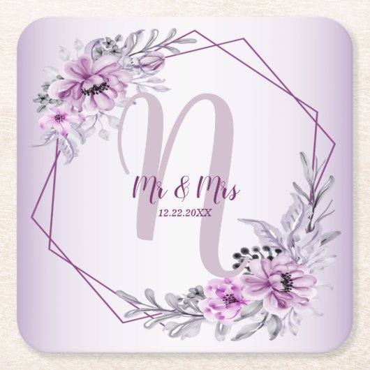 Monogram naam Weddenschap Roze Floral Violet Paars Kartonnen Onderzetters (Voorkant)