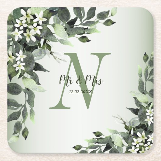 Monogram naam Wedding Greenery Floral Leaves Kartonnen Onderzetters (Voorkant)