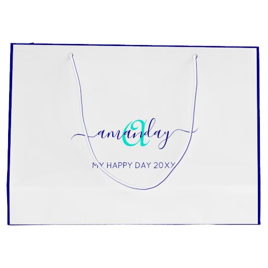 Monogram Naam White Blue Bridal Sweet 16th Wedding Groot Cadeauzakje (Achterkant)