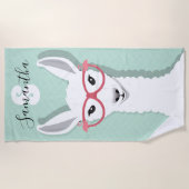 Monogram Naam White Green Llama Flamingo Glasses Strandlaken (Voorkant)