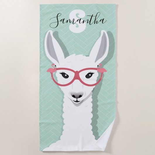 Monogram Naam White Green Llama Flamingo Glasses Strandlaken (Voorkant)