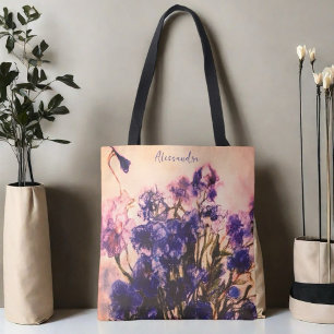 Monogram naam wilde bloem blauw bloemen vintage tote bag