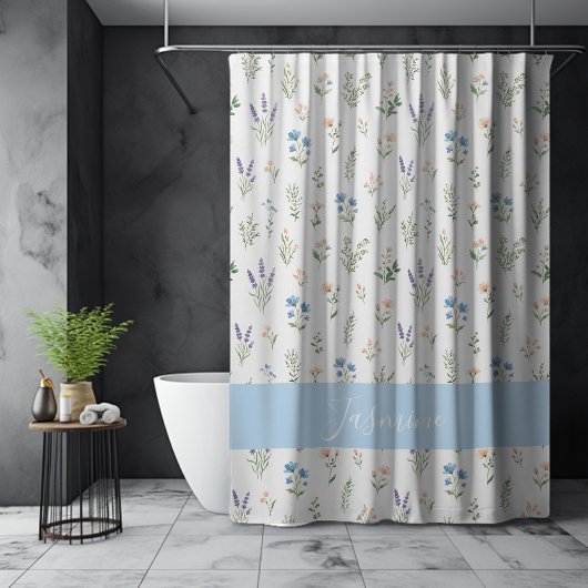 Monogram Naam Wilde Bloem Blauwe Lavendel Boho Douchegordijn