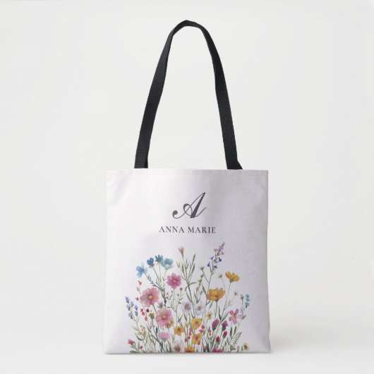 Monogram Naam Wilde Bloem Boho Chic Tote Bag (Voorkant)