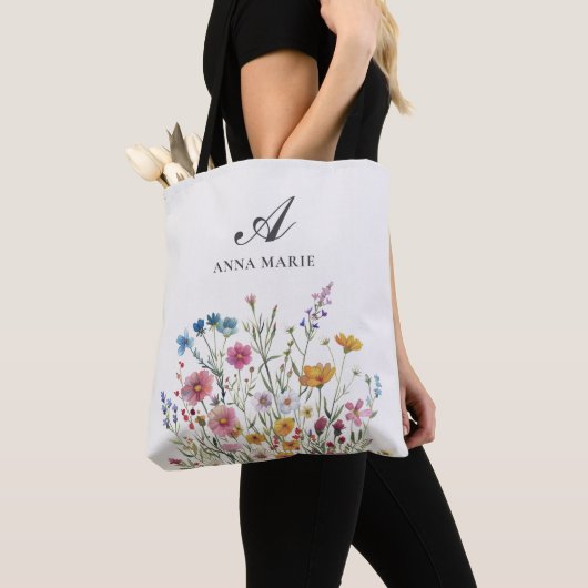 Monogram Naam Wilde Bloem Boho Chic Tote Bag (Dichtbij)