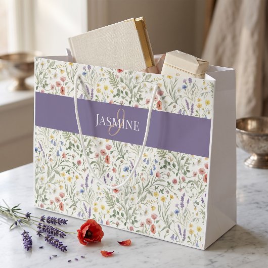 Monogram Naam Wilde Bloem Boho Lavendel Klaprozen Groot Cadeauzakje
