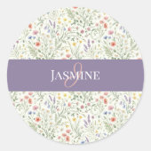 Monogram Naam Wilde Bloem Boho Lavendel Klaprozen Ronde Sticker (Voorkant)