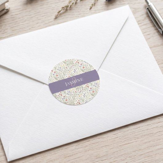 Monogram Naam Wilde Bloem Boho Lavendel Klaprozen Ronde Sticker
