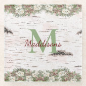 Monogram naam Winter Woodland White Rose Pine Cone Glazen Onderzetter (Voorkant)
