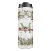 Monogram naam Winter Woodland White Rose Pine Cone Thermosbeker (Voorkant)