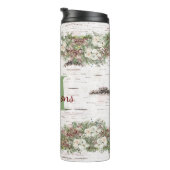 Monogram naam Winter Woodland White Rose Pine Cone Thermosbeker (Geroteerd rechts)