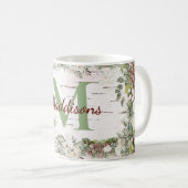 Monogram naam Winter Woodland White Rose Pinecone Koffiemok (Voorkant rechts)