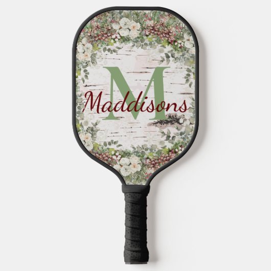 Monogram naam Winter Woodland White Rose Pinecone Pickleball Paddle (Voorkant)