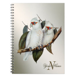 Monogram naam Witte vogels Cockatau Green Leaves Notitieboek
