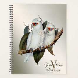 Monogram naam Witte vogels Cockatau Green Leaves Planner