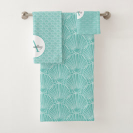 Monogram Naam Witte Zee Shell Pattern Beach House Bad Handdoek