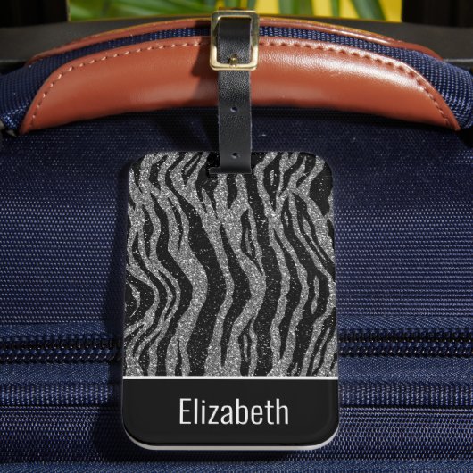 Monogram naam Zebra Print Black Silver Grey White Bagagelabel (Voorkant Insitu 2)
