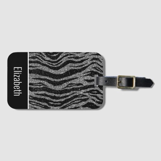 Monogram naam Zebra Print Black Silver Grey White Bagagelabel (Voorkant (horizontaal))