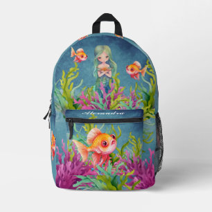 Monogram Naam Zeemeermin Strand Blauwgroen Blauw Bedrukte Rugzak