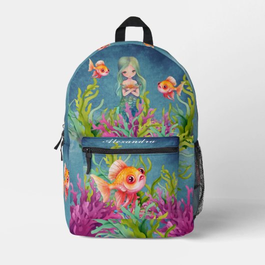 Monogram Naam Zeemeermin Strand Blauwgroen Blauw Bedrukte Rugzak (Voorkant)