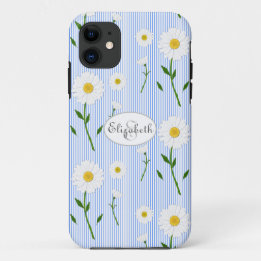 Monogram Naam Zomer Daisies Patroon Blauwe Streep Case-Mate iPhone Case
