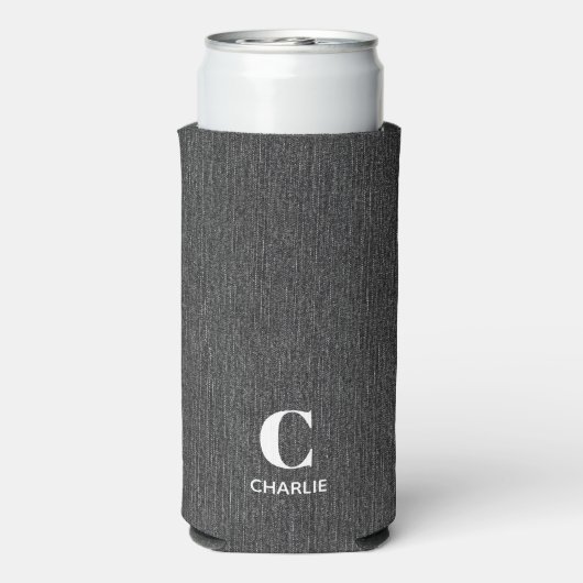 Monogram Naam Zwart Denim Print Slim Seltzer Blikjeskoeler (Seltzer Achterkant)