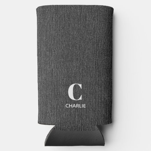 Monogram Naam Zwart Denim Print Slim Seltzer Blikjeskoeler (Achterkant)