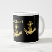 Monogram naam zwart & Faux Gold Nautical Anchor Grote Koffiekop (Voorkant rechts)