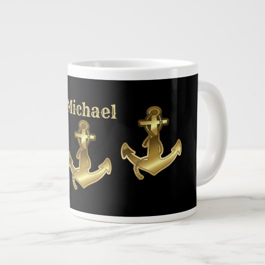 Monogram naam zwart & Faux Gold Nautical Anchor Grote Koffiekop (Voorkant rechts)
