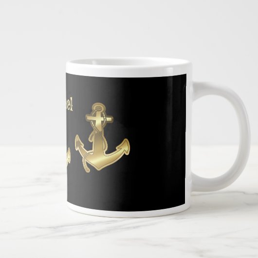 Monogram naam zwart & Faux Gold Nautical Anchor Grote Koffiekop (Rechts)
