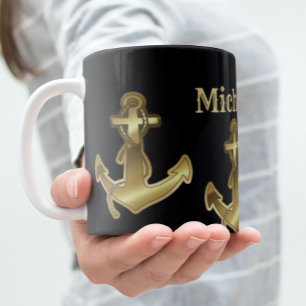 Monogram naam zwart & Faux Gold Nautical Anchor Grote Koffiekop