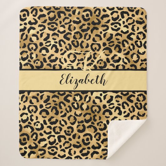 Monogram naam Zwart Gold Leopard Cheetah Afdruk Sherpa Deken (Voorkant)