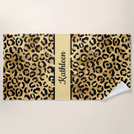 Monogram naam Zwart Gold Leopard Cheetah Afdruk Strandlaken