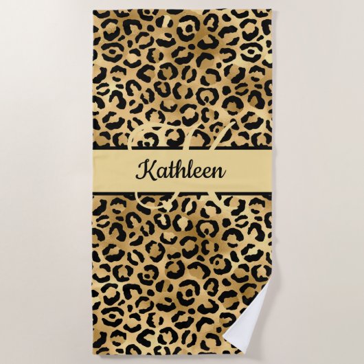 Monogram naam Zwart Gold Leopard Cheetah Afdruk Strandlaken (Voorkant)