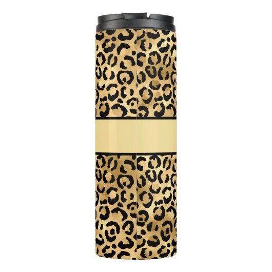 Monogram naam Zwart Gold Leopard Cheetah Afdruk Thermosbeker (Achterkant)