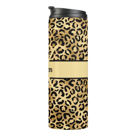 Monogram naam Zwart Gold Leopard Cheetah Afdruk Thermosbeker (Geroteerd rechts)