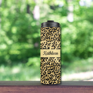 Monogram naam Zwart Gold Leopard Cheetah Afdruk Thermosbeker