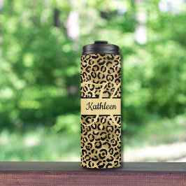 Monogram naam Zwart Gold Leopard Cheetah Afdruk Thermosbeker
