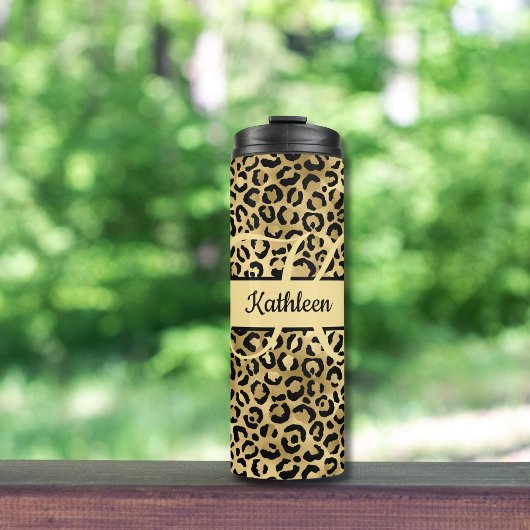 Monogram naam Zwart Gold Leopard Cheetah Afdruk Thermosbeker