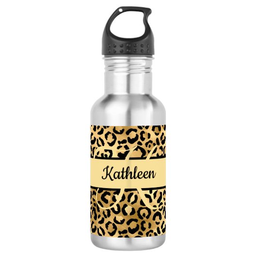 Monogram naam Zwart Gold Leopard Cheetah Afdruk Waterfles (Voorkant)