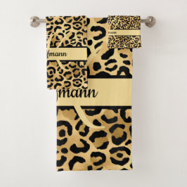 Monogram naam Zwart Gold Leopard Print Cheetah Bad Handdoek