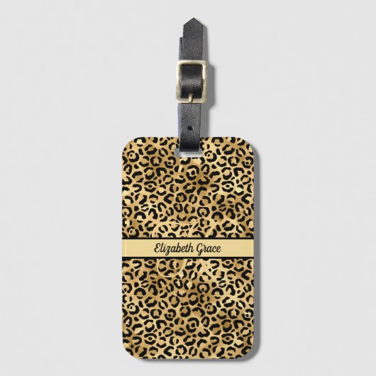 Monogram naam Zwart Gold Leopard Print Cheetah Bagagelabel (Voorkant (verticaal))