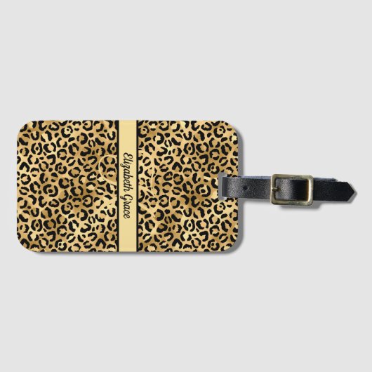 Monogram naam Zwart Gold Leopard Print Cheetah Bagagelabel (Voorkant (horizontaal))