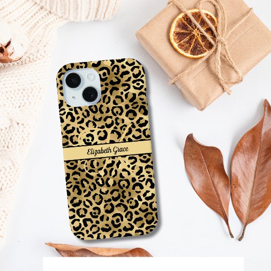 Monogram naam Zwart Gold Leopard Print Cheetah Case-Mate iPhone Case