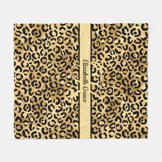 Monogram naam Zwart Gold Leopard Print Cheetah Fleece Deken (Voorkant (Horizontaal))