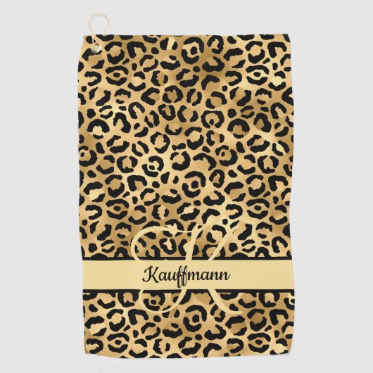 Monogram naam Zwart Gold Leopard Print Cheetah Golfhanddoek (Voorkant)